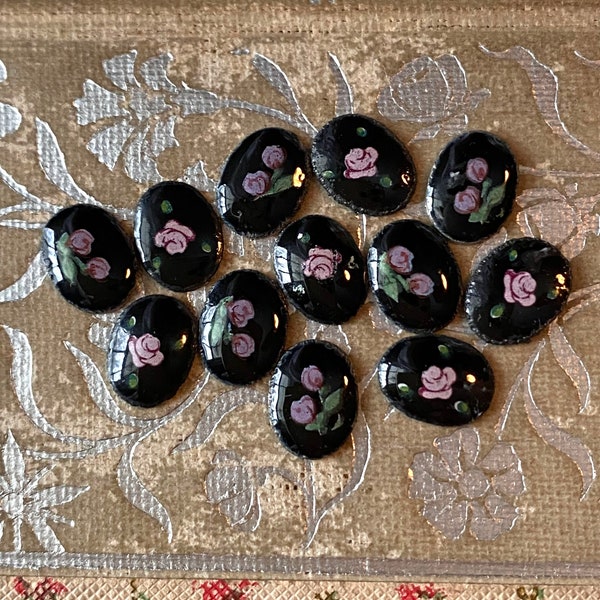 Vintage Guilloche Enamel Rose Cabochons 12pc, Jewelry Making, Doll Embellishment