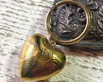 Vintage Brass Puffy Heart Key Chain Charm Fob, For Purse Keys or Necklace, Floral Gold Heart Pendant, Sweetheart Gift, Key Ring