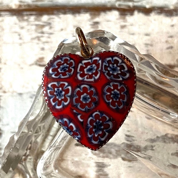 Vintage Italian Millefiori Glass Red Heart Charm Pendant, With Necklace, Gift for Her, Murano Glass, Brass Heart, Rare