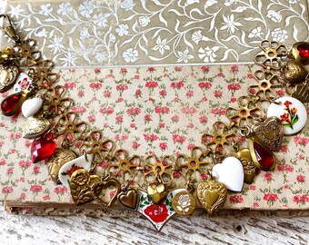 Vintage Heart Charm Bracelet, Enamel Roses, Floral Brass Chain Charms, Gift for Her, Spring Jewelry