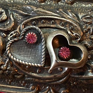 Vintage Silver Heart Charm Lot 2pc,  Puffy Heart Pink Crystals, Sweetheart Jewelry Supplies, For Charm Necklace or Bracelet