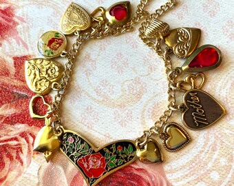 Vintage Heart Charm Necklace, Charm Bracelet, Enamel Red Rose Flowers, Gold Chain, Gift for Her, For Mom