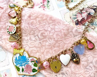 Vintage Heart Charm Necklace, Charm Bracelet, Enamel Flowers, Bows, Locket, I Love You, Gift for Mom, Shabby Chic Jewelry