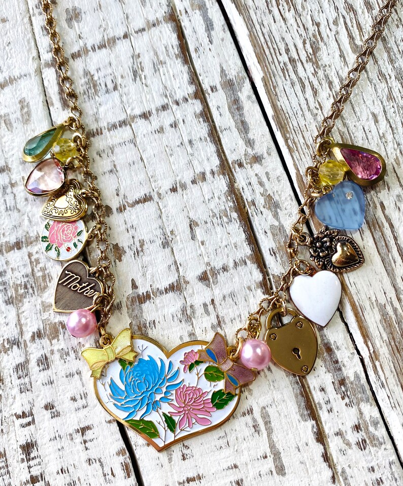 Vintage Heart Charm Necklace, Charm Bracelet, Enamel Flowers, Bows, Locket, I Love You, Gift for Mom, Shabby Chic Jewelry image 5