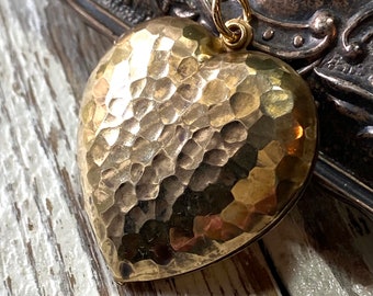 Vintage Large Brass Puffy Heart Charm Pendant, Hammered Solid Gold Brass Design, For Necklace