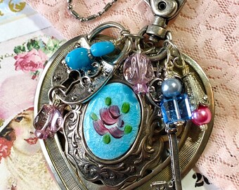Vintage Silver Heart Purse Pull, Zipper Pull, Handbag Charms, Key to your Heart, Glass Beads, Charm Necklace, Guilloche Enamel Rose Cameo