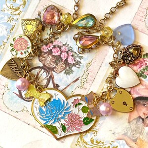 Vintage Heart Charm Necklace, Charm Bracelet, Enamel Flowers, Bows, Locket, I Love You, Gift for Mom, Shabby Chic Jewelry image 10