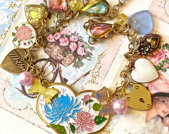 Vintage Heart Charm Necklace, Charm Bracelet, Enamel Flowers, Bows, Locket, I Love You, Gift for Mom, Shabby Chic Jewelry