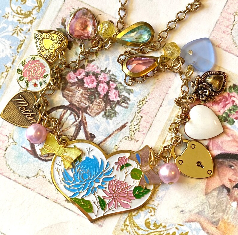 Vintage Heart Charm Necklace, Charm Bracelet, Enamel Flowers, Bows, Locket, I Love You, Gift for Mom, Shabby Chic Jewelry image 10