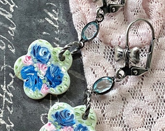 Vintage Hand painted Flower Earrings Mother of Pearl, Shabby Chic Blue and Pink Roses, Bow Leverback Dangles