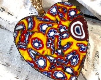 Vintage Italian Millefiori Glass Heart  Pendant, Charm for Necklace, Gift for Her, Murano Glass, Brass Heart, Rare