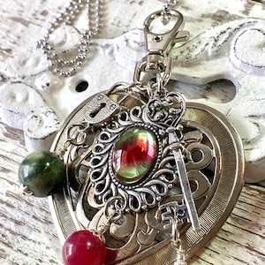 Vintage Silver Heart Purse Pull, Zipper Pull, Handbag Charms, Key to your Heart, Glass Beads, Charm Necklace, Watermelon Vitrail Cameo