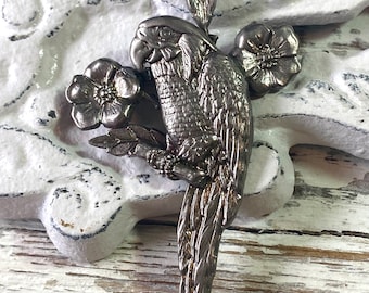 Vintage Silver Macaw Bird Pin Brooch on Branch with Flowers