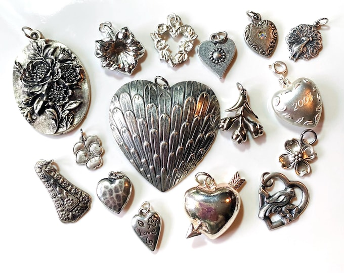 Add a Charm, Silver Hearts Bird Pansy Flower, Peacock, Love Amour, For Charm Bracelet Necklace, Jewelry Supplies, Journal Scrapbooking
