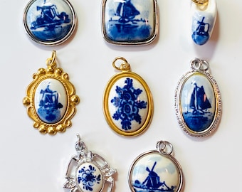 Choose a Charm, Vintage Hoffman Delft Blue Holland Charms, Pendants Cameos, Floral, Ships, Shoe Clogs, Dutch Porcelain Jewelry