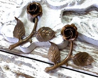 Vintage Brass Rose Pendants with Leaves Charms, Rare, Findings Stampings, Dangles for Earrings, Jewelry Making