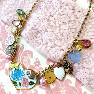 Vintage Heart Charm Necklace, Charm Bracelet, Enamel Flowers, Bows, Locket, I Love You, Gift for Mom, Shabby Chic Jewelry image 7