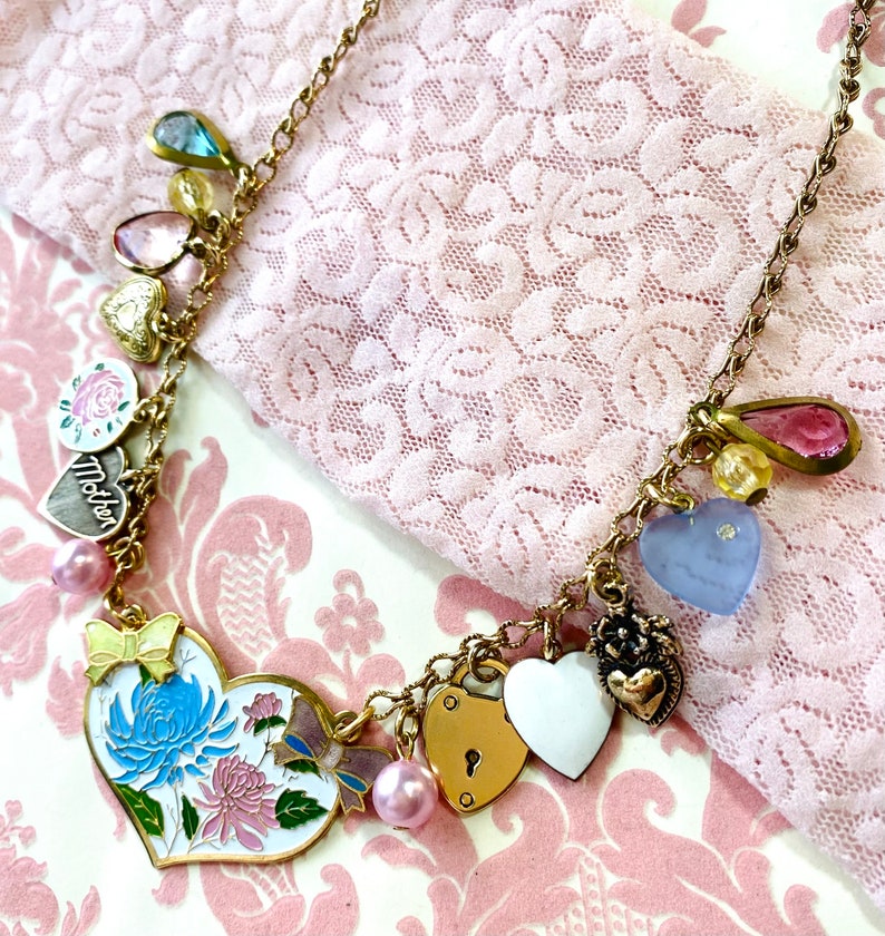 Vintage Heart Charm Necklace, Charm Bracelet, Enamel Flowers, Bows, Locket, I Love You, Gift for Mom, Shabby Chic Jewelry image 7