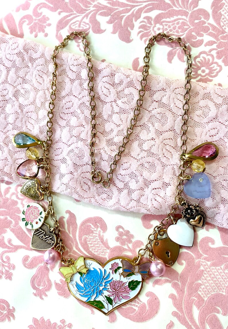 Vintage Heart Charm Necklace, Charm Bracelet, Enamel Flowers, Bows, Locket, I Love You, Gift for Mom, Shabby Chic Jewelry image 8