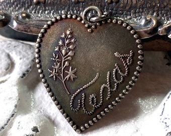 Vintage Brass Silver Heart Charm Pendant, Texas State Flower, Bluebonnet