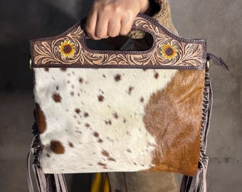 Handmade Cowhide Crossbody Bag | Tooled Leather Fringe Purse