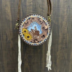 Western Hand Tooled Leather Canteen Purse, Round Leather Purse, Hand Painted Canteen Purse, Genuine Leather Purse, Western Crossbody Purse