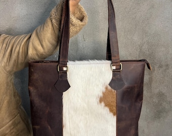 Handmade Cowhide Leather Tote Bag, Hair-On Hide, Brown Leather Handbag