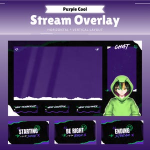 Pode incluir: Modelo de sobreposição de stream do Twitch roxo e verde com um personagem de desenho animado vestindo um moletom verde. A sobreposição inclui seções para bate-papo, nova inscrição, nova doação, novo seguidor, começando em breve, voltando em breve e encerrando a transmissão.
