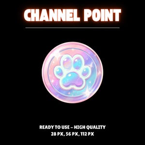 Könnte beinhalten: Eine runde, schillernde Münze mit einem Pfotenabdruck-Design in Blau-, Rosa- und Lilatönen. Der Text "CHANNEL POINT" steht oben, und "READY TO USE - HIGH QUALITY" mit Pixelgrößen unten, alles vor schwarzem Hintergrund.