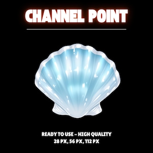 Puede incluir: Ilustración digital de una concha translúcida azul claro sobre un fondo negro. El texto "CHANNEL POINT" se muestra en blanco con un resplandor naranja. El texto adicional dice "READY TO USE - HIGH QUALITY 28 PX, 56 PX, 112 PX".