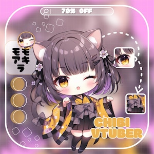 May include: A digital illustration of a chibi character with cat ears, wearing a yellow and black kimono. The image includes the text "CHIBI VTUBER" and Japanese text. The background is pink with geometric shapes and a "70% OFF" banner.