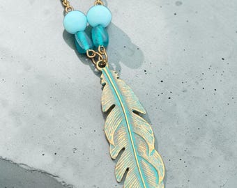 Patina Feather Pendant Necklace with Vintage beads