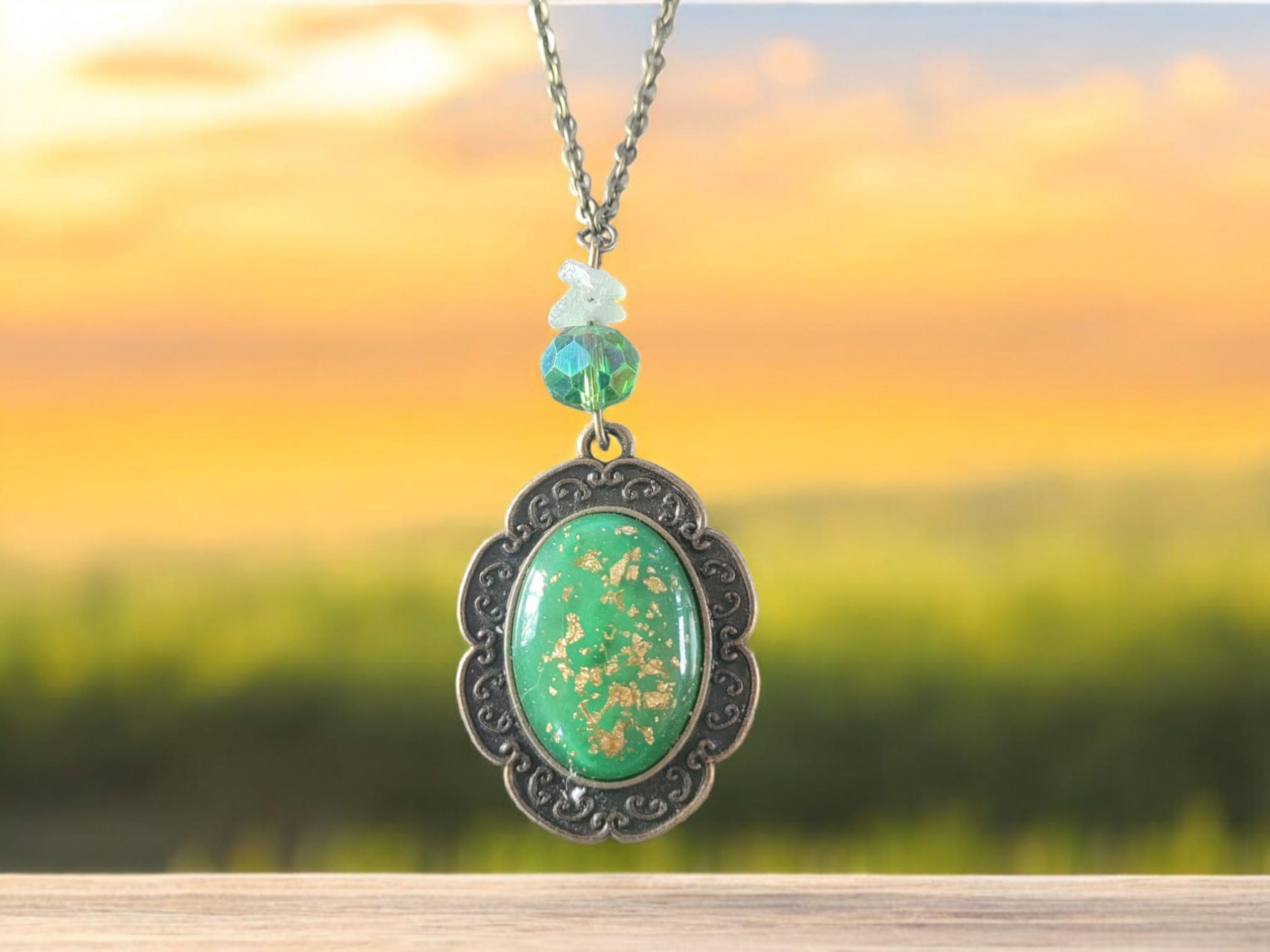 Green and Gold flake Glass Cabochon Pendant Necklace - Thumbnail 2