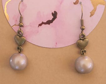 Bronze Hearts and faux Pearls - nickel free Earrings