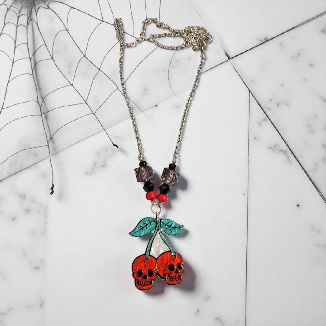 Skull Cherries - Acrylic Pendant Necklace - Thumbnail 5