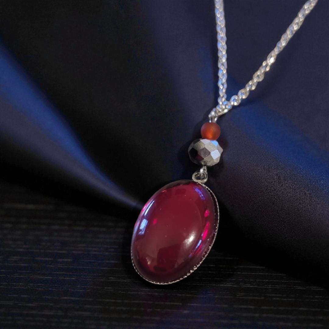 Handmade Ruby Red Glass Cabochon Silver Necklace – Nickel-Free - Thumbnail 3