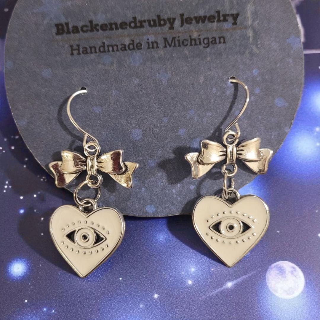 Bow and Evil eye Heart Earrings - nickel free