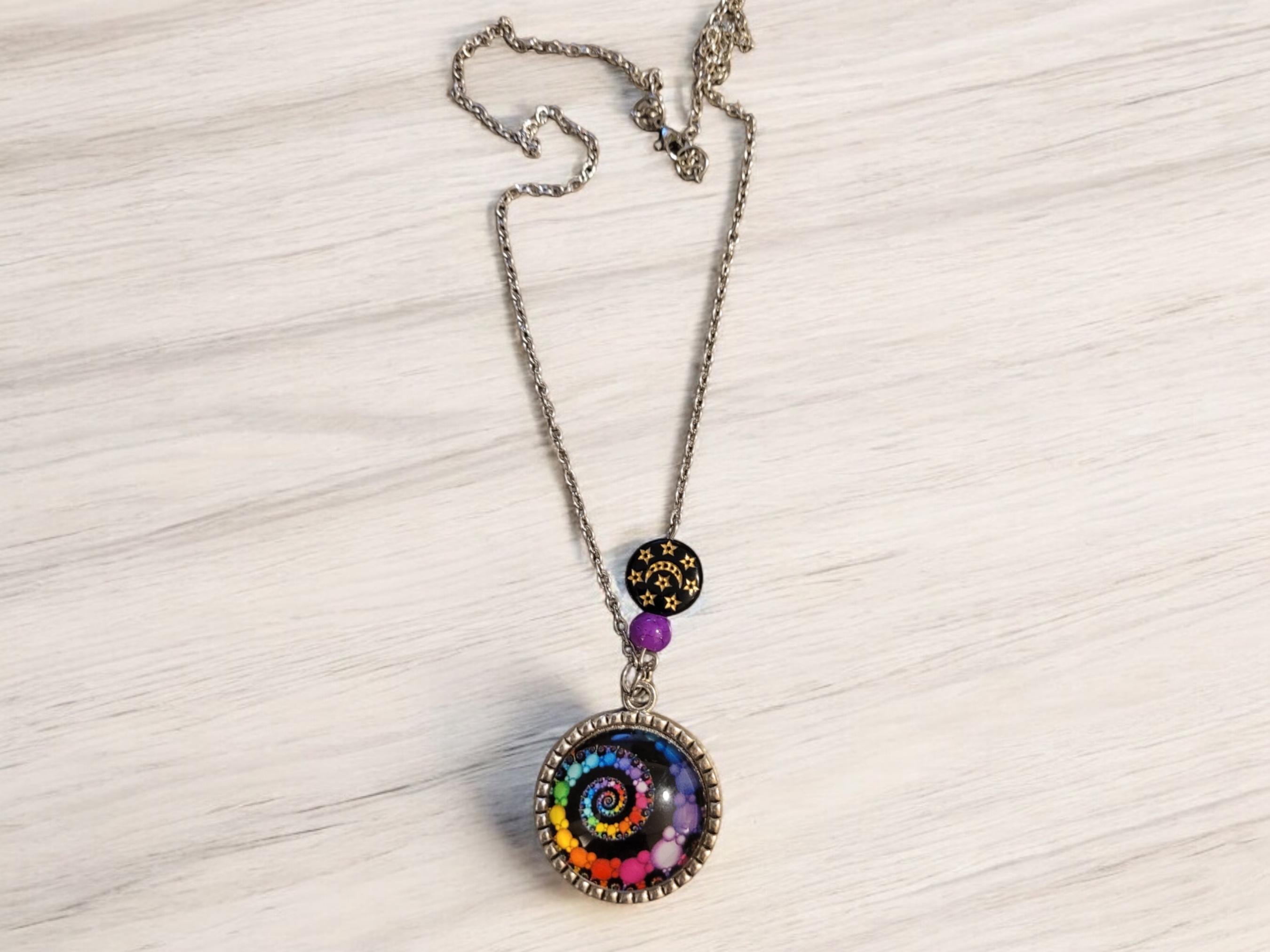 Rainbow Swirl glass cabochon Necklace - Thumbnail 2