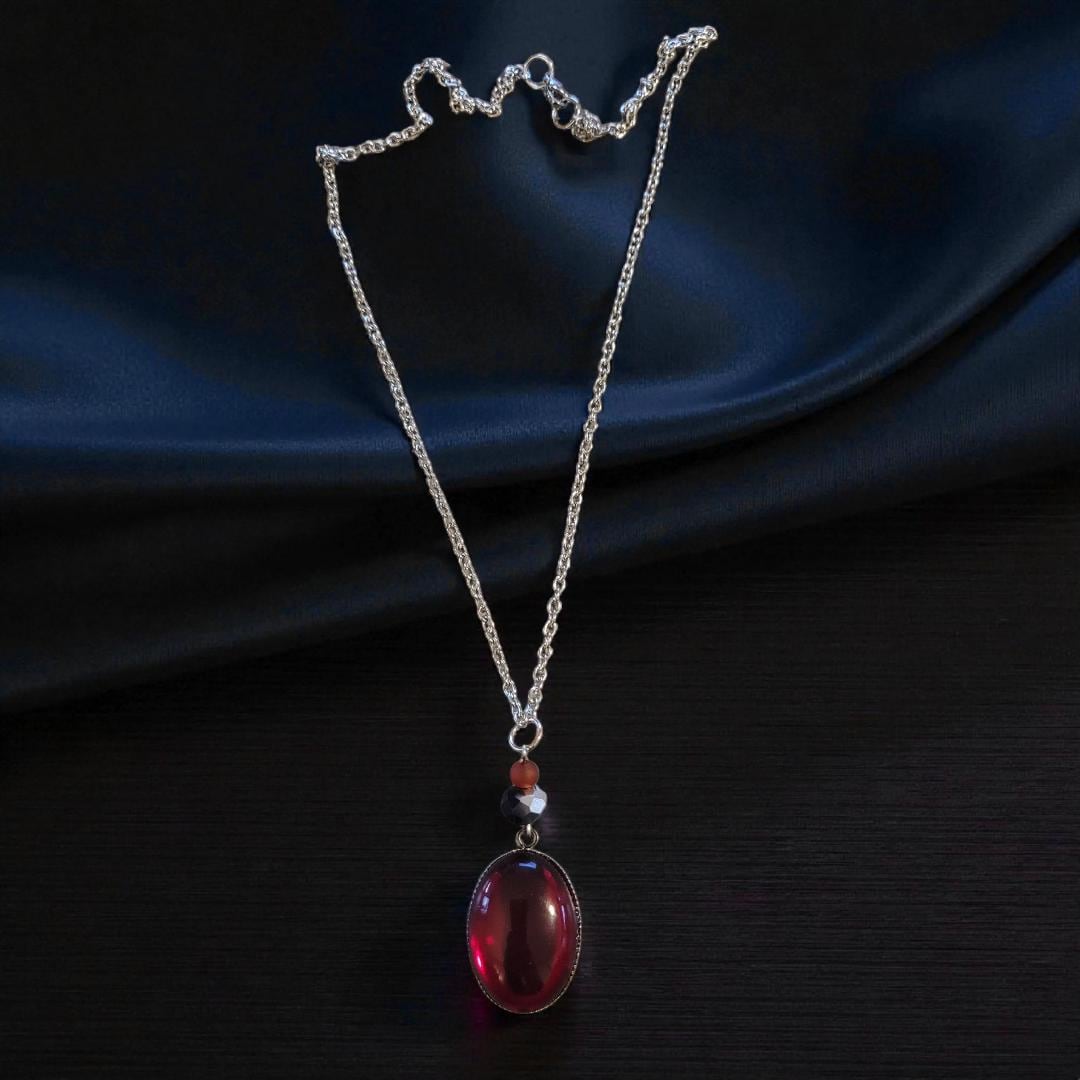 Handmade Ruby Red Glass Cabochon Silver Necklace – Nickel-Free - Thumbnail 4