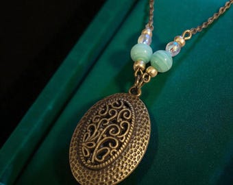 Bronze Pendant Necklace with Vintage Glass Beads