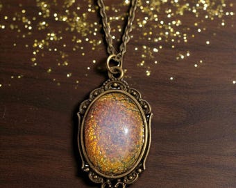 Vintage Japanese Fire Opal Glass Cabochon Necklace - Bronze Setting - 18 inches