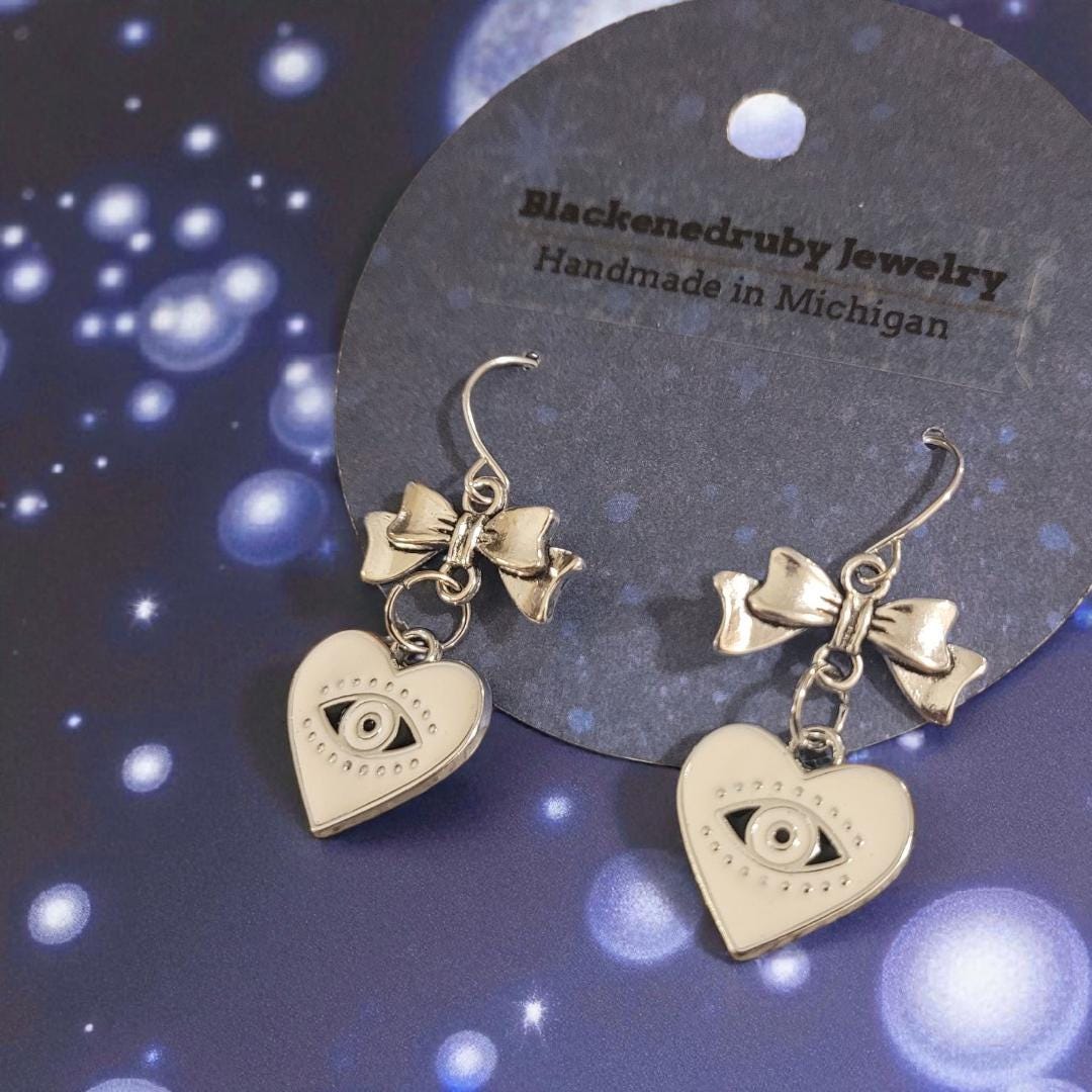 Bow and Evil eye Heart Earrings - nickel free - Thumbnail 2