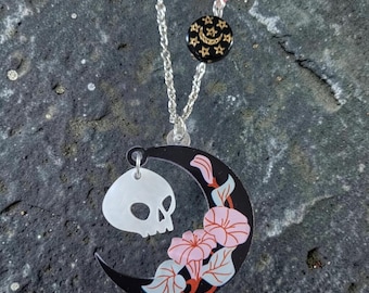 Collar con colgante de ángel mortal, flor y luna, calavera