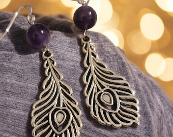 Peacock Feather & Amethyst Earrings- Nickel Free