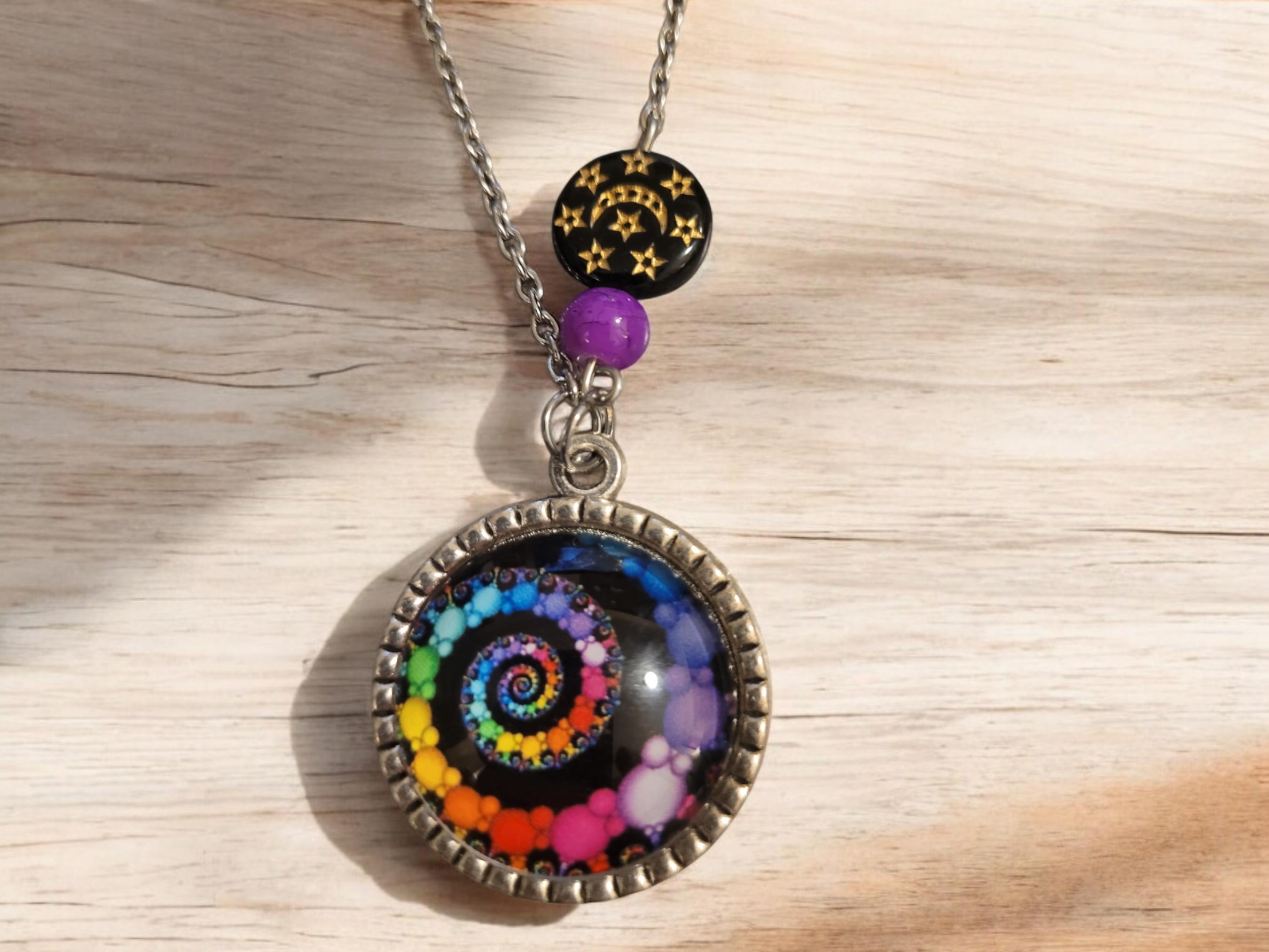 Rainbow Swirl glass cabochon Necklace - Thumbnail 3