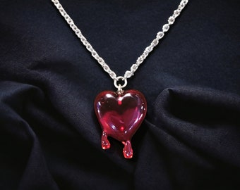 Drippy Blood Red Heart Pendant Necklace