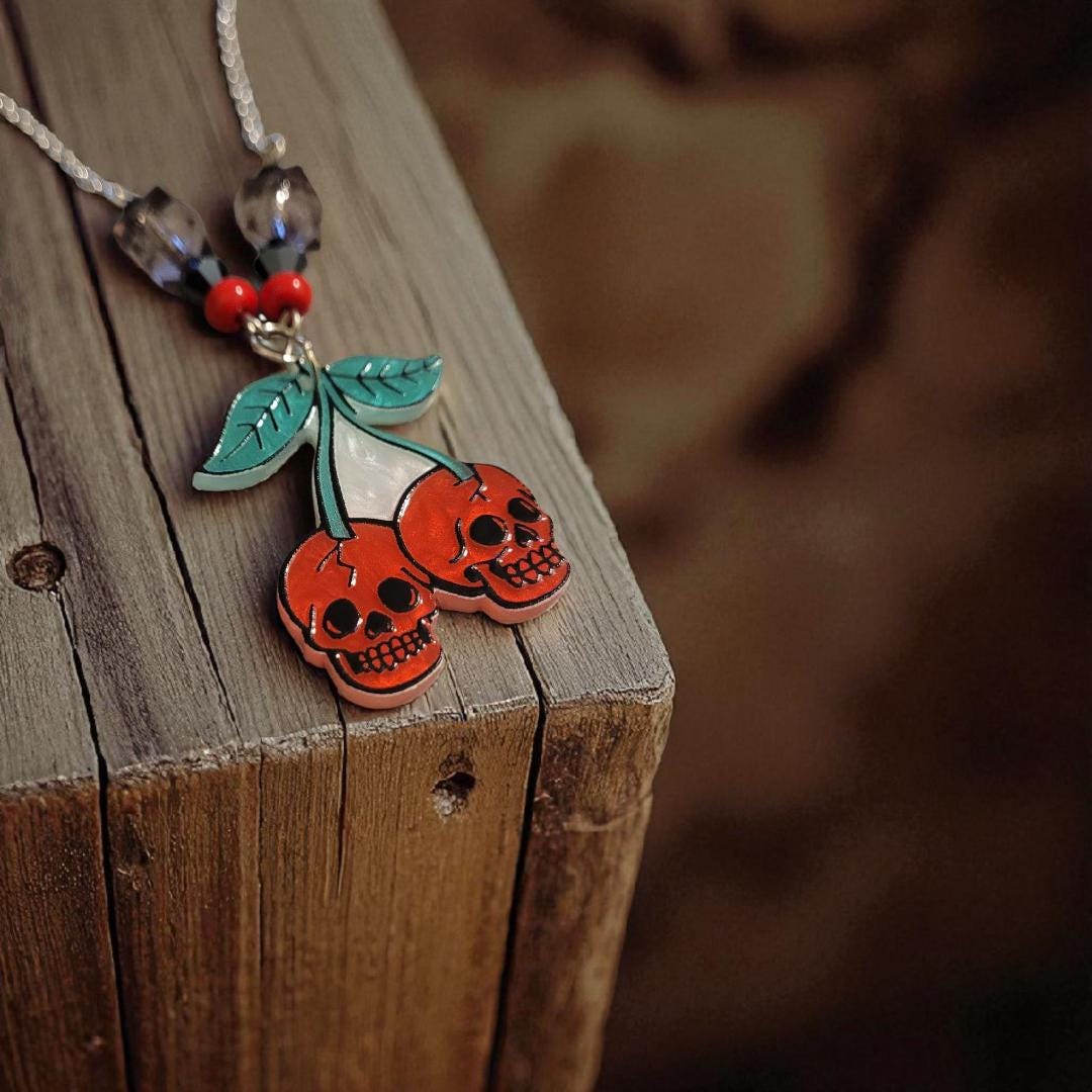 Skull Cherries - Acrylic Pendant Necklace - Thumbnail 3