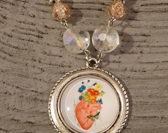 Anatomical Heart w Flowers cabochon necklace