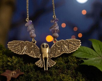 Bronze Owl Pendant Necklace with Amethyst