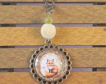 Fox and Rose Beaded Cabochon Necklace